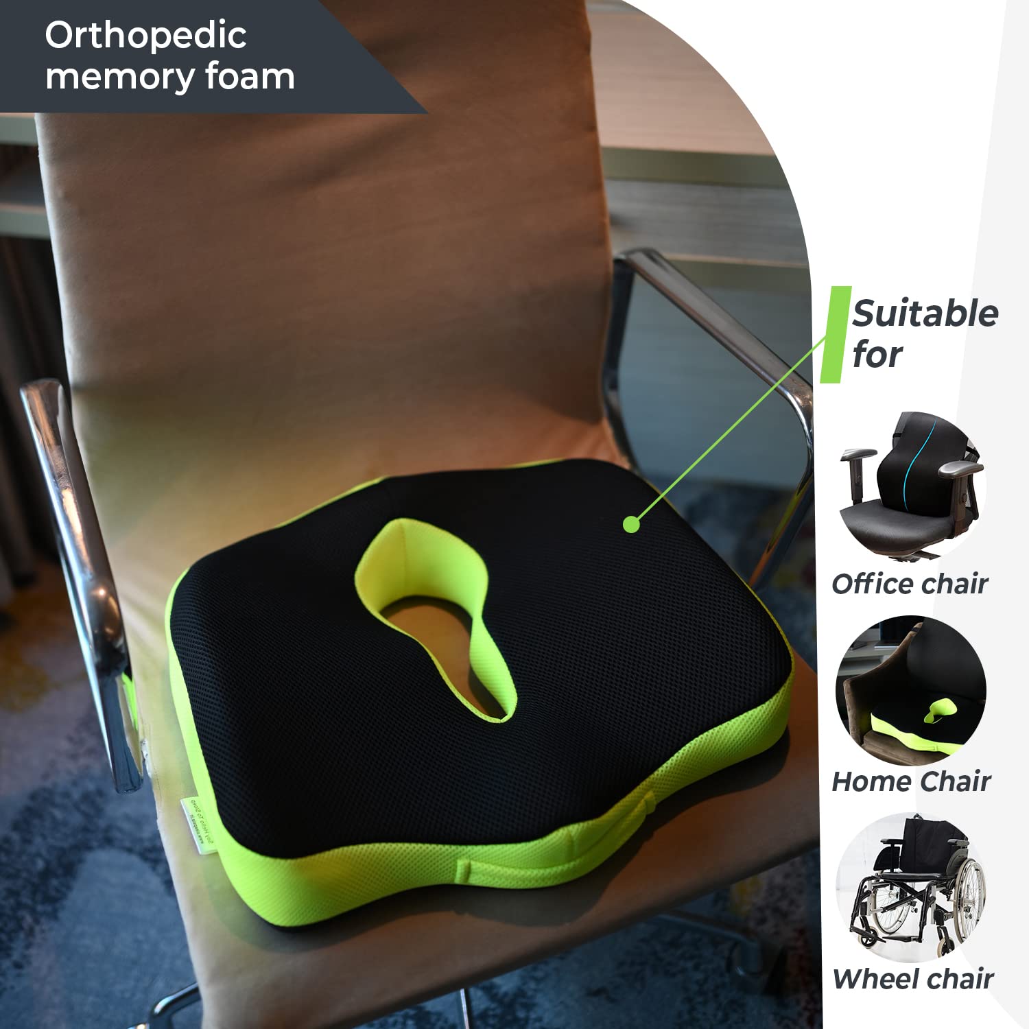 Sleepsia Orthopedic Coccyx O-Shape Seat Cushion Pillow for Tailbone Pain Relief (Black/Green)