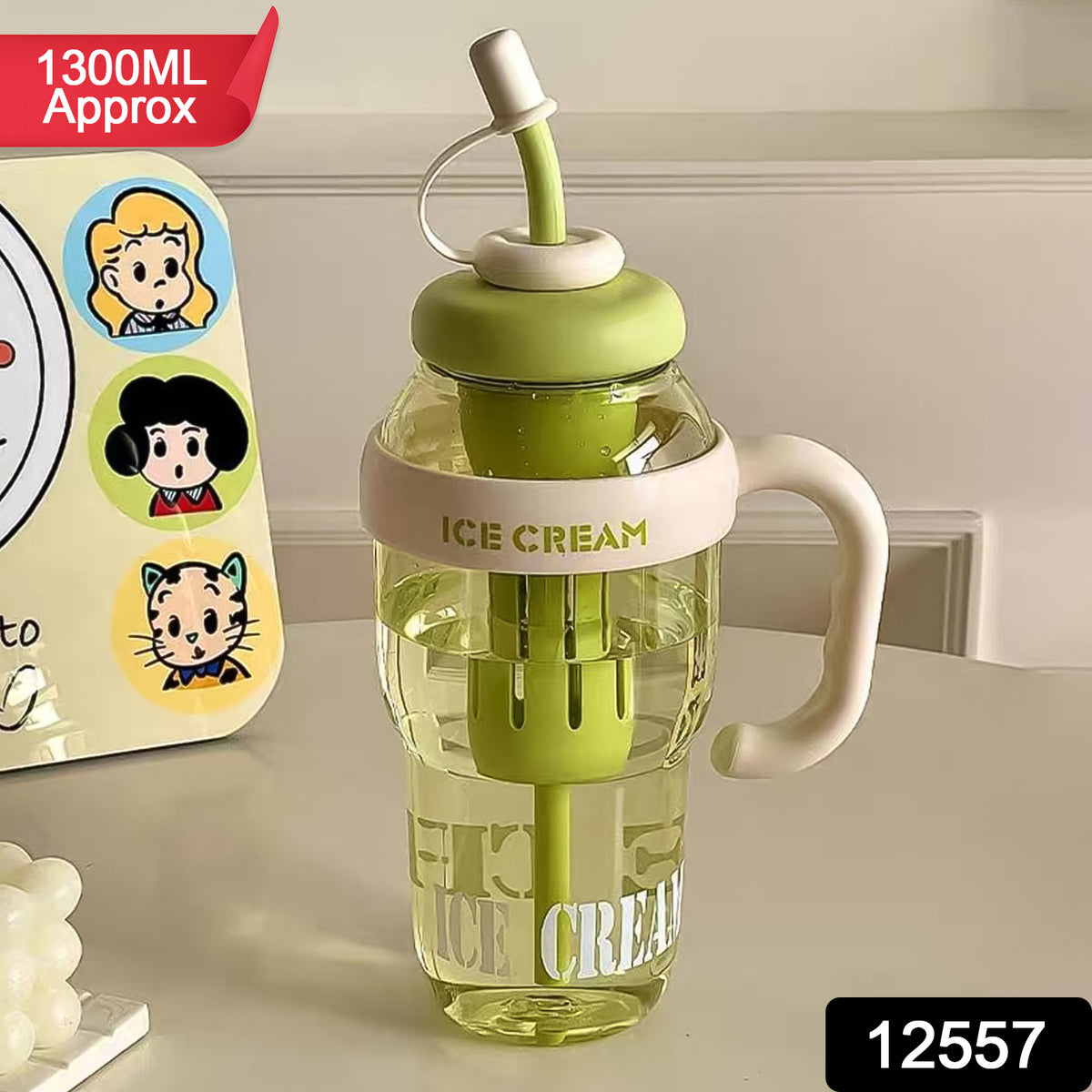 Approx 1300ml Large Capacity Cute Ice Cream Themed Water Bottle With Handle Straw Fruit Infuser Leakproof Sipper For Kids Adults