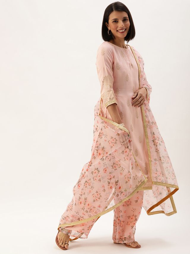 Bollywood Vogue Ready To Wear Pink Jacquard Kurti With Printed Pant N Dupatta