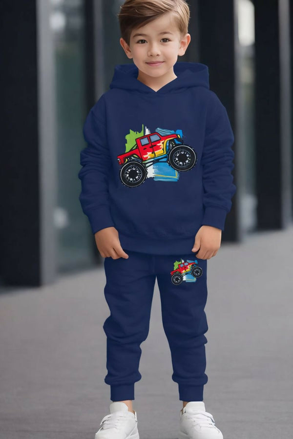 Boys Navy Blue Monster Truck Print Hoodie & Jogger Set Luck Fashion
