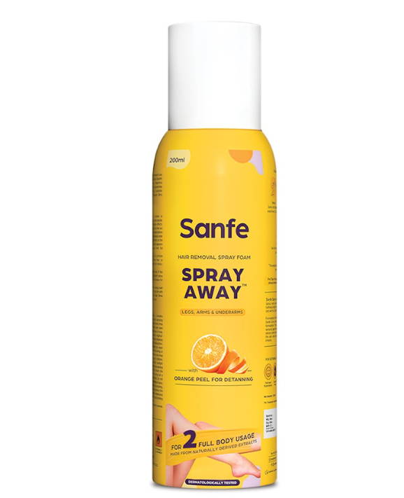 Sanfe Painless & Detan Hair Removal Spray Cream - 200 ml For Chest, Legs, Arms & UnderArm Removes Hair in 10 Minutes with Skin Detan Orange Peel, Aloevera, Vitamin E & Niacinamide