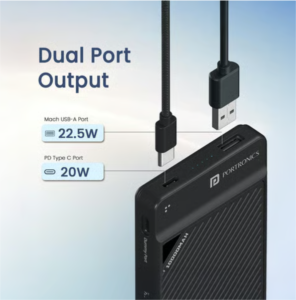 Portronics Luxcell Stride 10 10000mAh Power Bank with 22.5W Fast Charging, Built-in Cable & Compact Portable Design Halfpe Deals