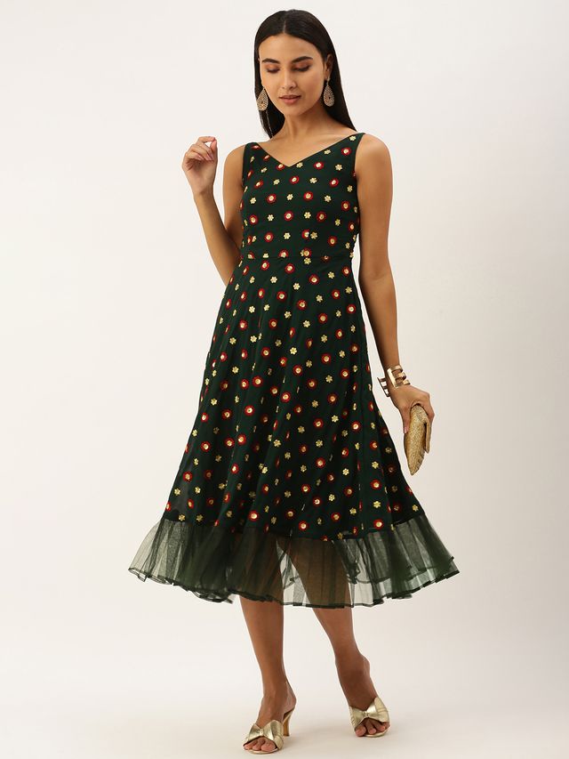 Bollywood Vogue Ready To Wear Green Georgette Embroidered Dress