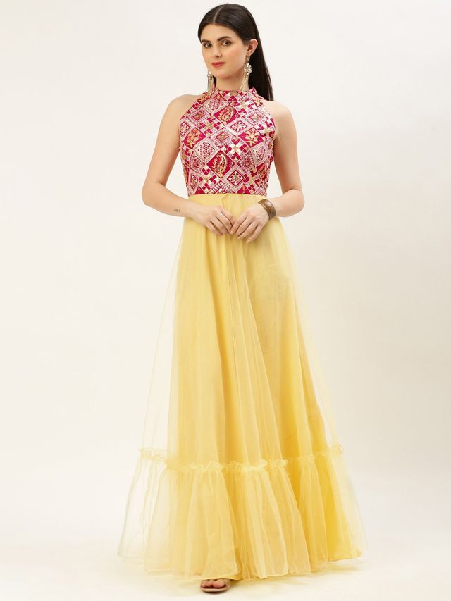 Bollywood Vogue Ready To Wear Dark Pink Embroidered Georgette N Yellow Net Dress