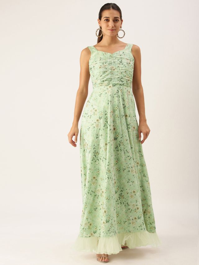 Bollywood Vogue Ready To Wear Green Muslin Ruched Maxi Dress