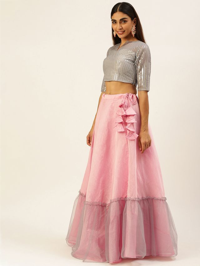 Bollywood Vogue Ready To Wear Grey Embroidered Peplum Lehenga Set