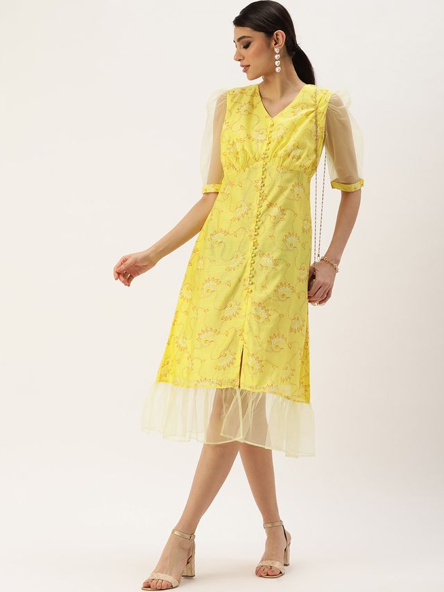 Bollywood Vogue Ready To Wear Yellow Foil Printed A Line Dress