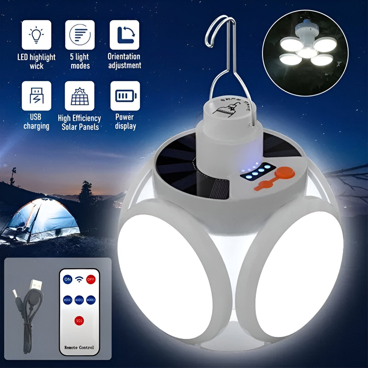 Solar LED Camping Light with USB Recharge, 5 Modes, Foldable & Waterproof HP DD
