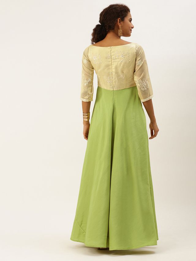 Bollywood Vogue Ready To Wear Olive Green N Off White Art Silk Embroidered Gown