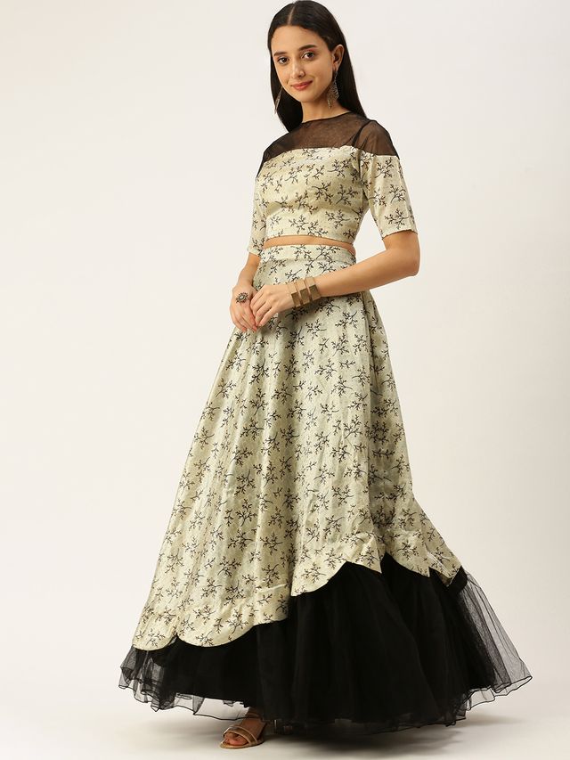 Bollywood Vogue Ready To Wear Off White Art Silk Scallop Lehenga Set