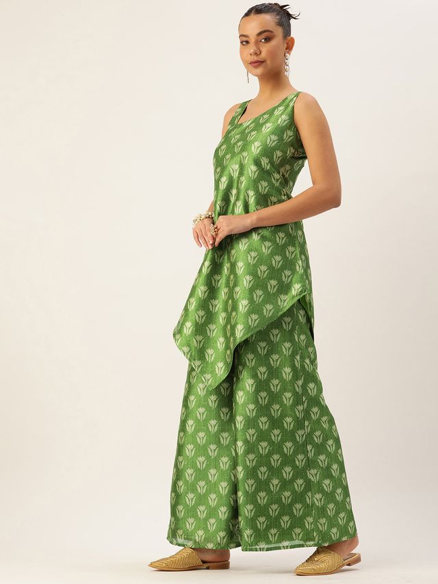 Bollywood Vogue Ready To Wear Green Art Silk Digital Printed Co Ords Set