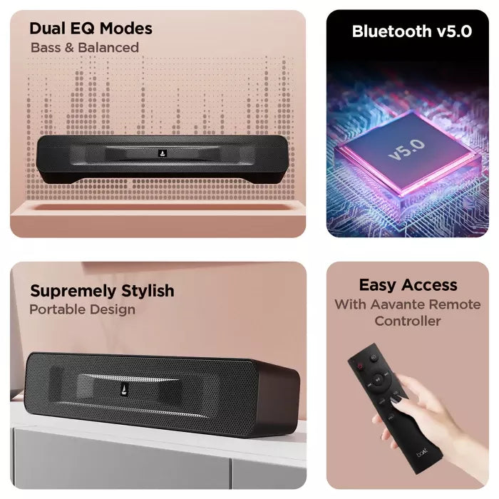 boAt Aavante Bar 503 | 10W RMS Bluetooth Soundbar with Dual EQ Modes, 4.5H Playback & Built-in Mic