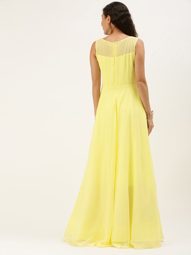 Bollywood Vogue Ready To Wear Yellow Georgette Embroidered Boat Neck Gown