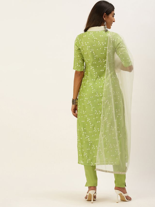 Bollywood Vogue Ready To Wear Green Cotton Foil Printed Narrow Straight Pant Suit