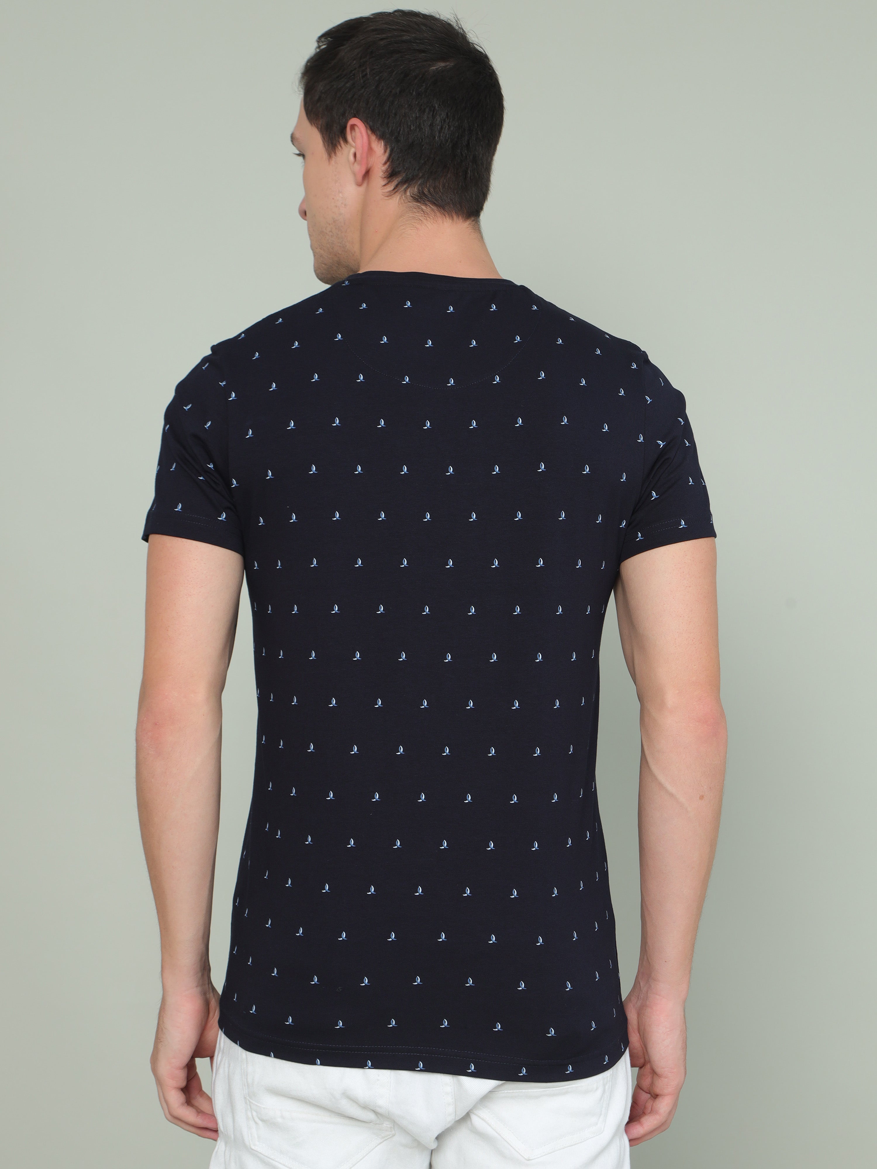 Men's Blue Regular Fit Printed Half Sleeves Crew Neck T-Shirt