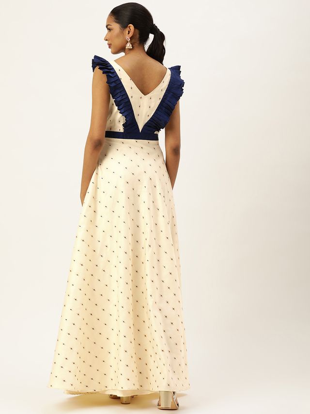 Bollywood Vogue Ready To Wear Cream Satin Jacquard Ruffled Dress