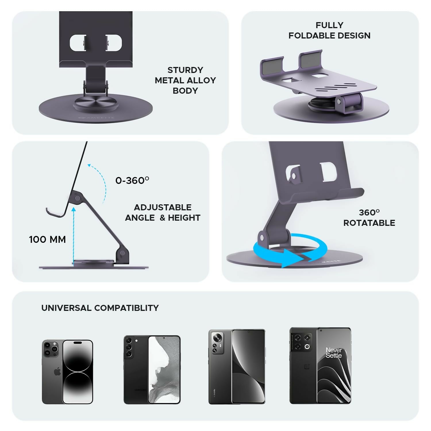 Premium 360° Foldable Desk Stand Multi-Angle & Height Adjustable for Smartphones & iPads