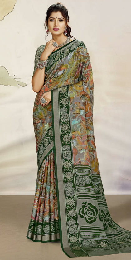 Emerald Bloom Synthetic Brasso Saree with Classic Floral Border Kalyani silks and sarees