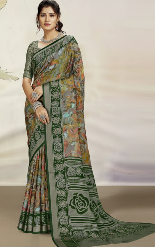 Emerald Bloom Synthetic Brasso Saree with Classic Floral Border Kalyani silks and sarees