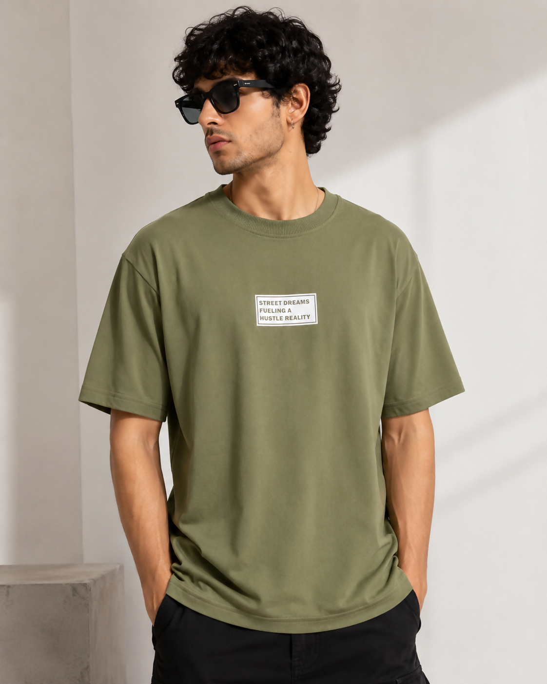 Hustle Street Dreams Oversized T-Shirt for Men – Olive Green Half Sleeve