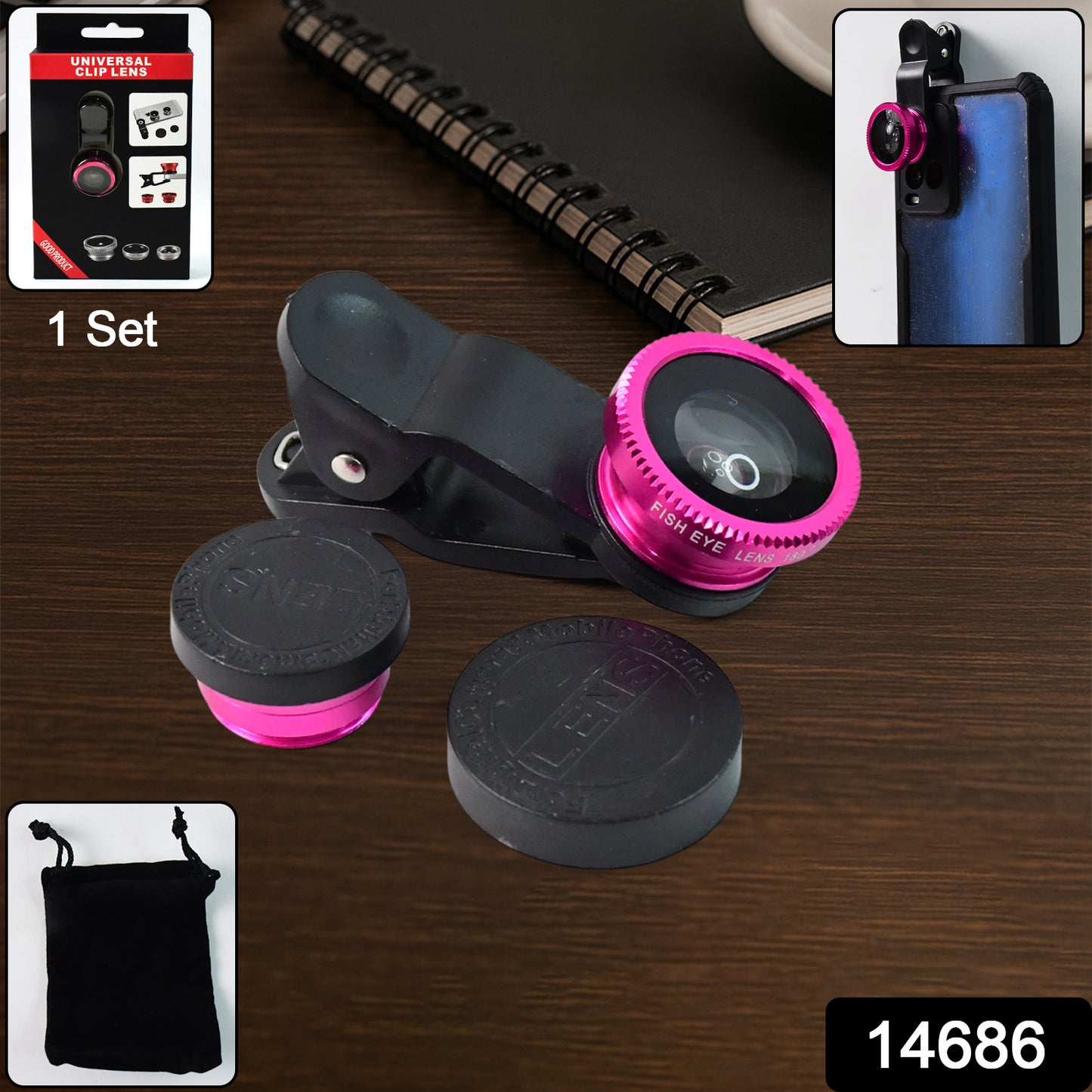 Universal Clip-On Mobile Camera Lens Set with Wide Angle, Macro & Fisheye Photography Kit with Lens Covers & Carry Pouch for Smartphones and Tablets (1 Set)