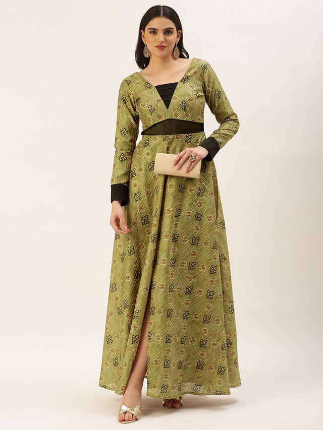 Bollywood Vogue Ready To Wear Green Printed Art Silk Cotton Gown