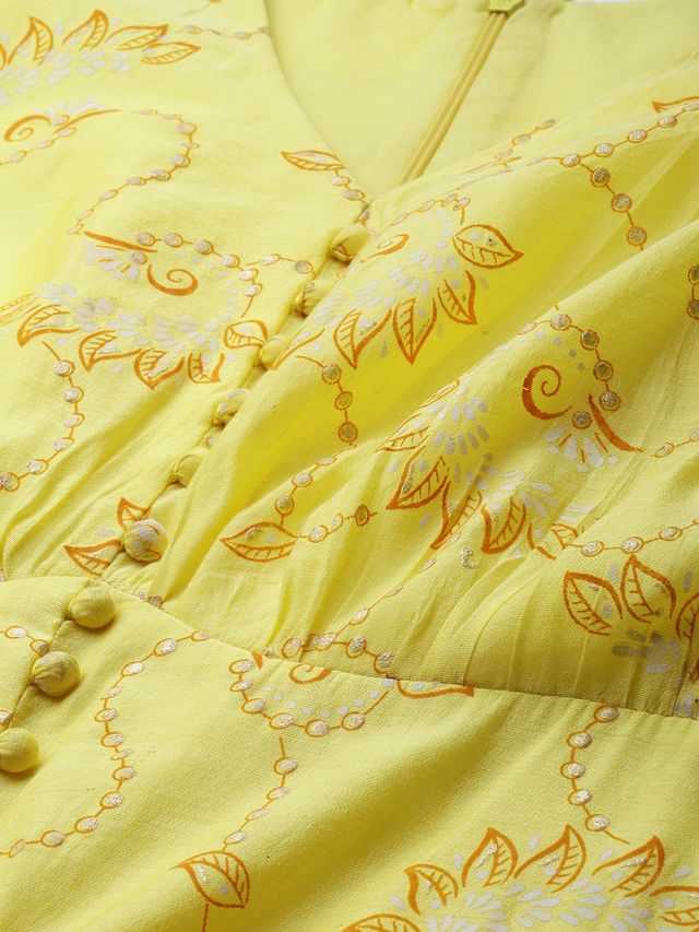 Bollywood Vogue Ready To Wear Yellow Foil Printed A Line Dress