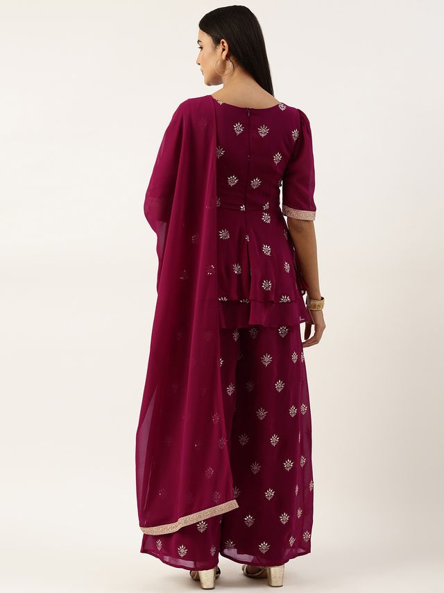 Bollywood Vogue Ready To Wear Magenta Georgette Embroidered Palazzo Suit