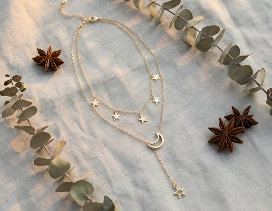 Celestial Star & Crescent Moon Necklace Set (2 Pieces)