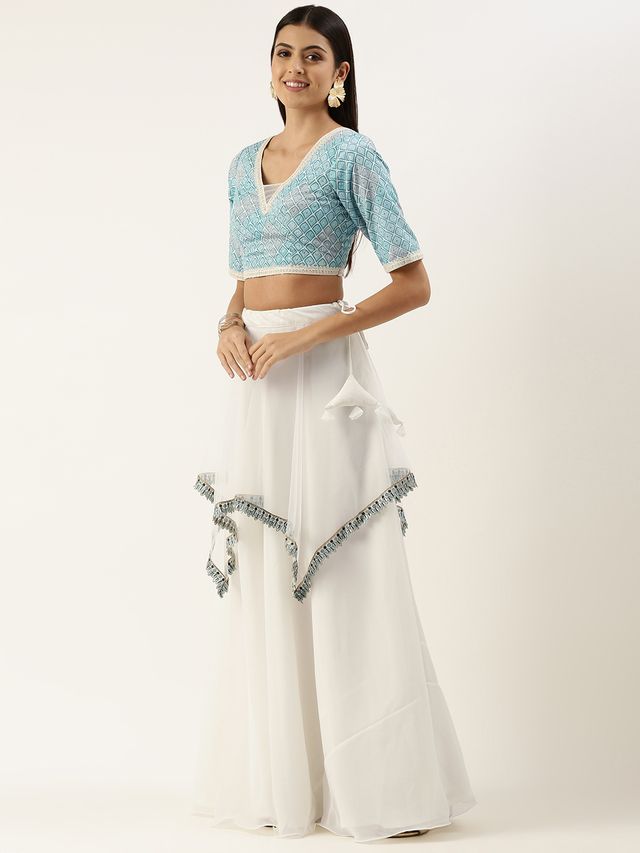 Bollywood Vogue Ready To Wear Off White N Multicoloured Lehenga Set