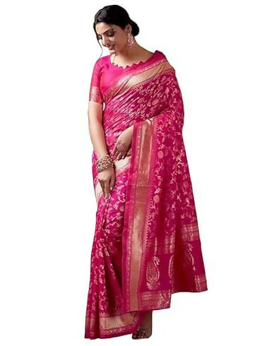 AXONIT Soft Silk Saree with Golden Zari Floral & Peacock Weaving