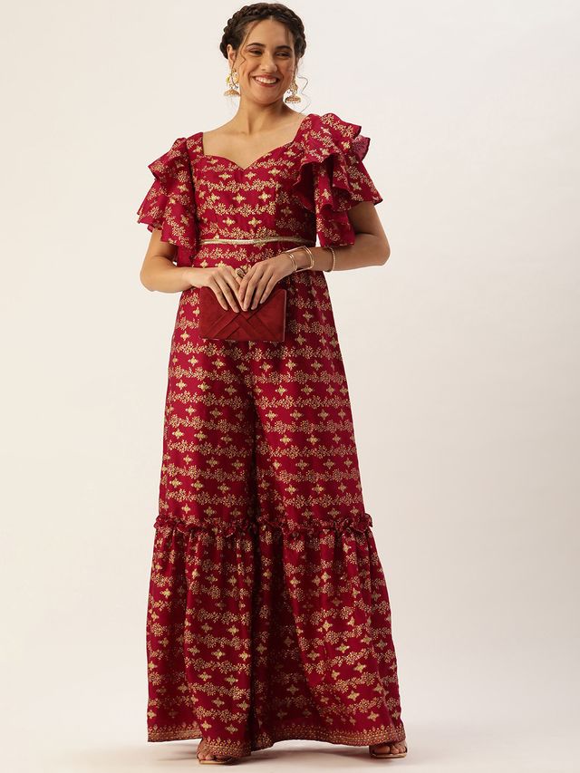 Bollywood Vogue Ready To Wear Maroon Art Silk Foil Print Jumpsuit
