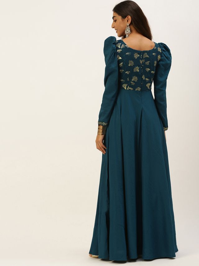 Bollywood Vogue Ready To Wear Teal Blue Georgette Embroidered N Art Silk Gown