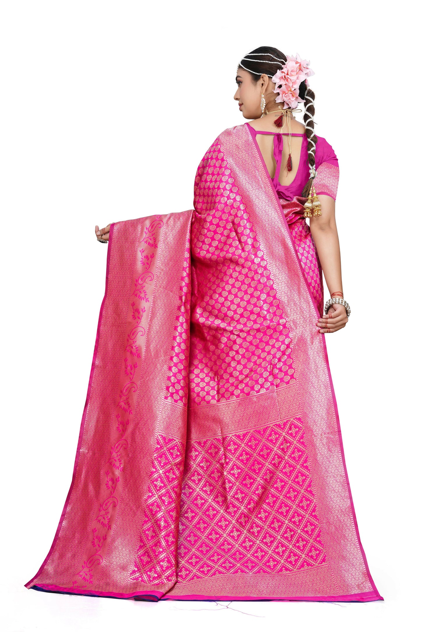 AXONIT Royal Banarasi Silk Saree with Intricate Golden Zari Weaving