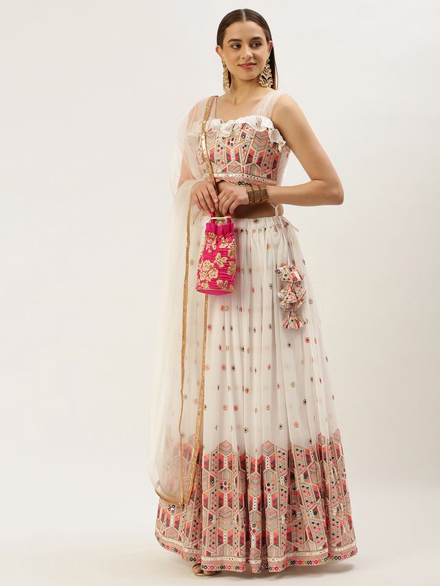 Bollywood Vogue Ready To Wear White Georgette Sequins Embroidered Lehenga