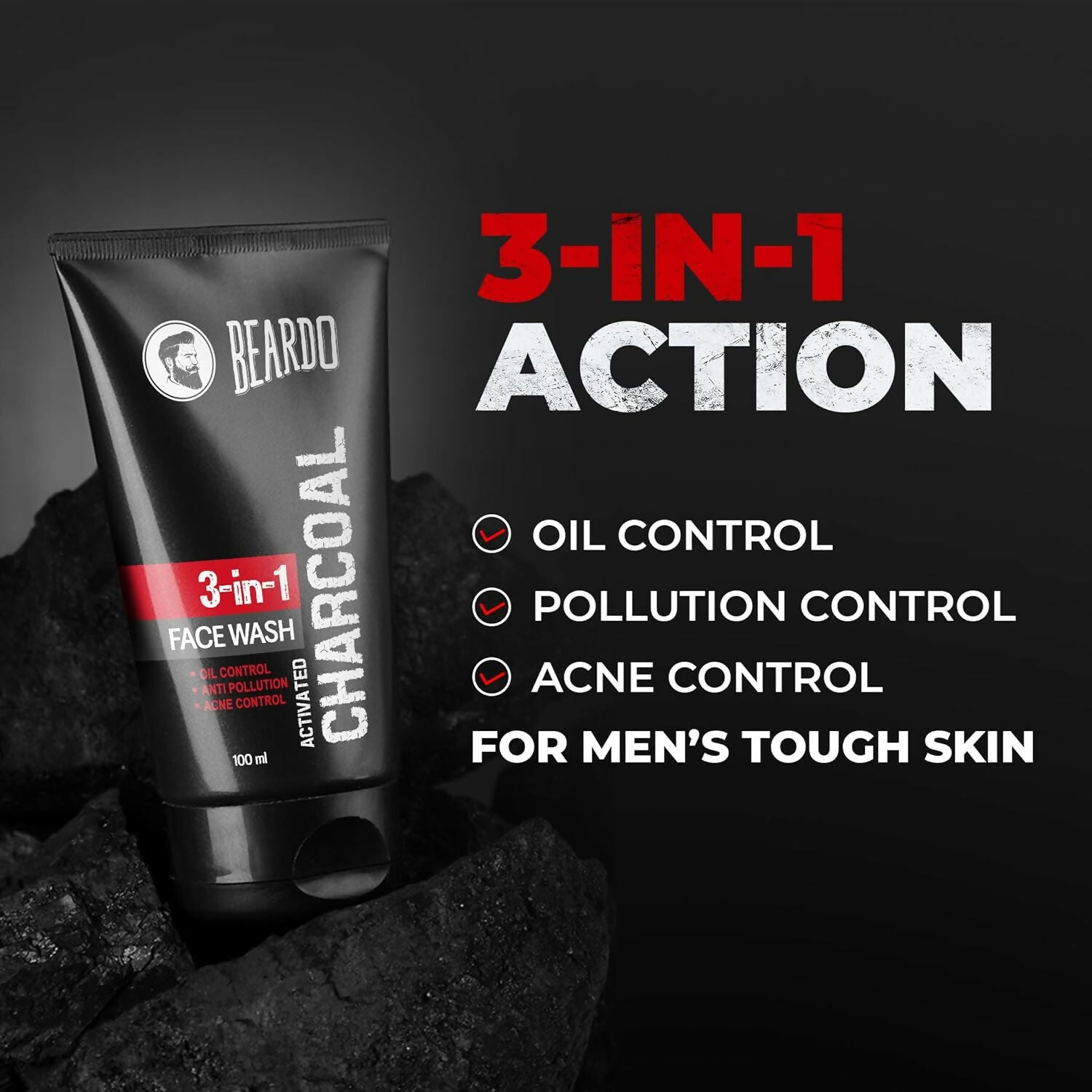 Beardo 3 in 1 Activated Charcoal Face Wash Deep Cleanse Oil Control and Detox for Oily Skin 100ml