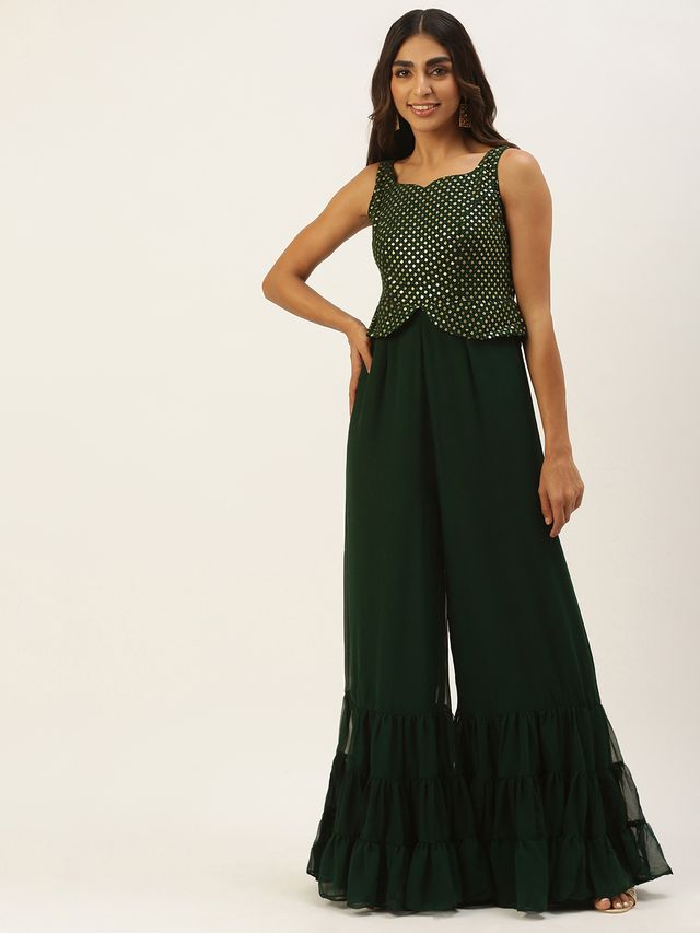Bollywood Vogue Ready To Wear Green Georgette Sequins Jumpsuit