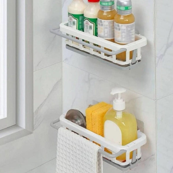 Kitchen & Bathroom Multipurpose Hanging Drain Rack Plastic Sponge & Dishcloth Holder with Adhesive Hook
