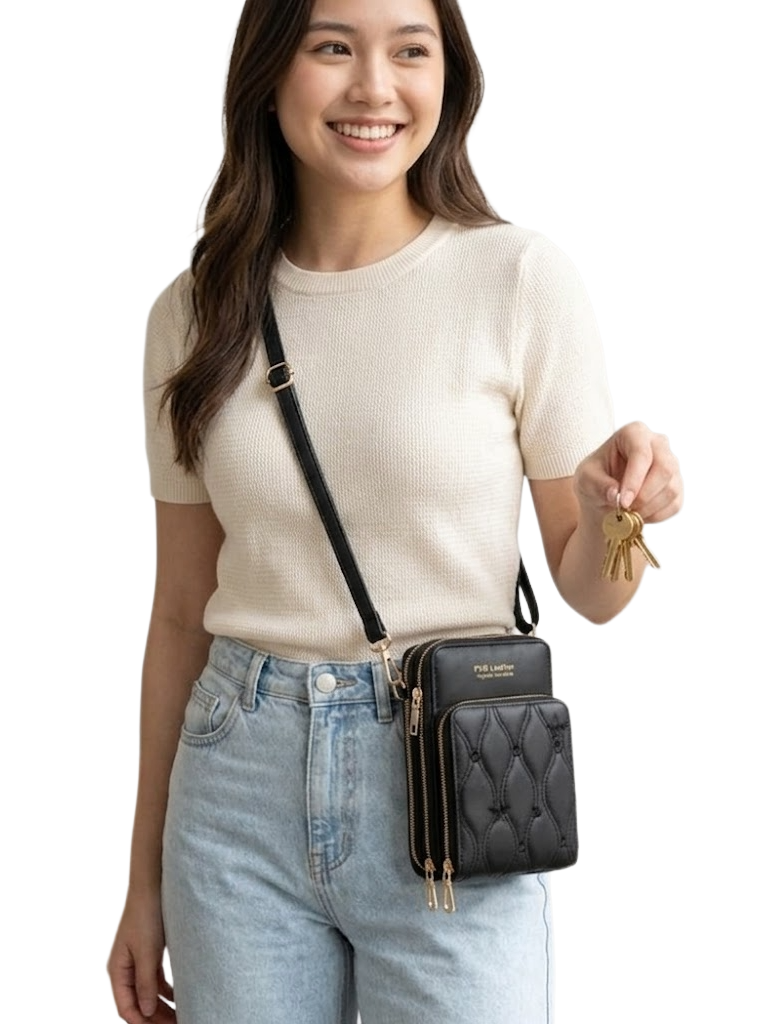 Buddy Cares PVB Leather Quilted Sling Bag for Women – Black Crossbody Bag with Silver-Tone Zippers