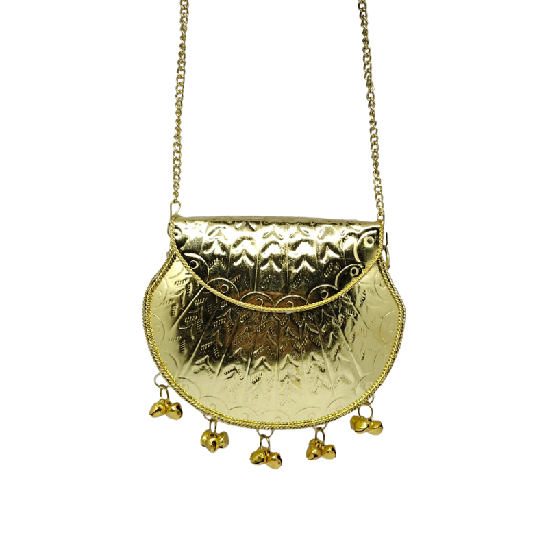 Buddy Cares Metal Gold Crossbody Bag with Chain Strap and Bell Charms, Woven Texture Sling Purse – Round – Buddy Cares