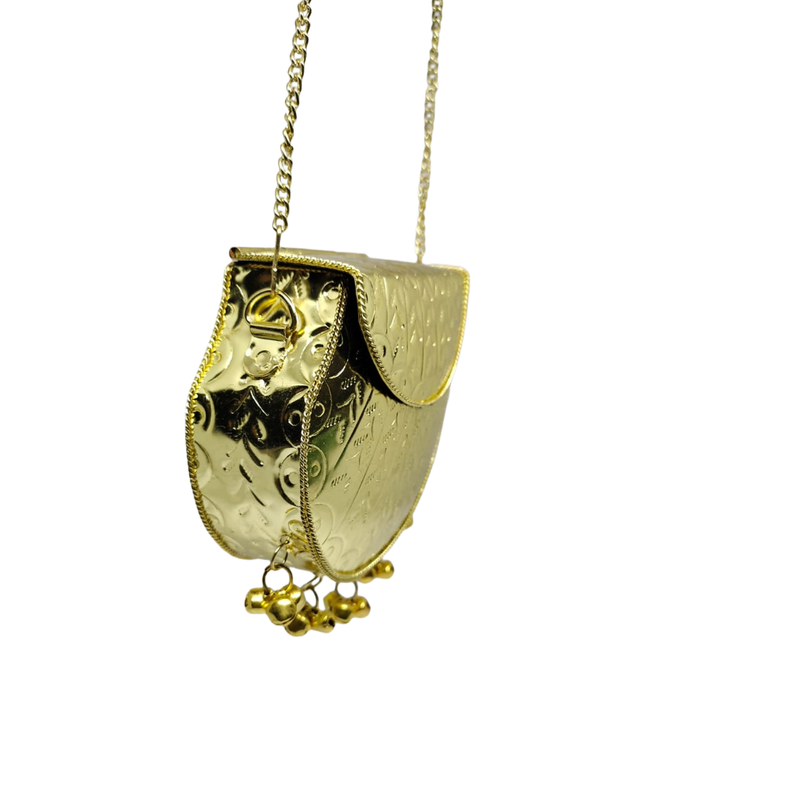 Buddy Cares Metal Gold Crossbody Bag with Chain Strap and Bell Charms, Woven Texture Sling Purse – Round – view 5 – Buddy Cares