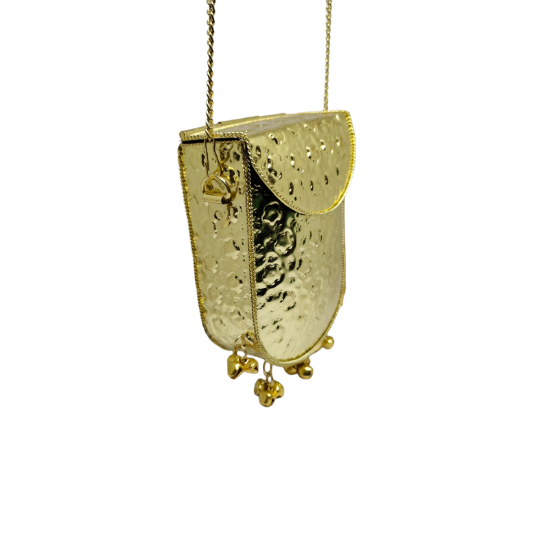 Buddy Cares Metal Gold Crossbody Bag with Chain Strap and Bell Charms, Woven Texture Sling Purse – Mobile Pouch Shape – view 5 – Buddy Cares