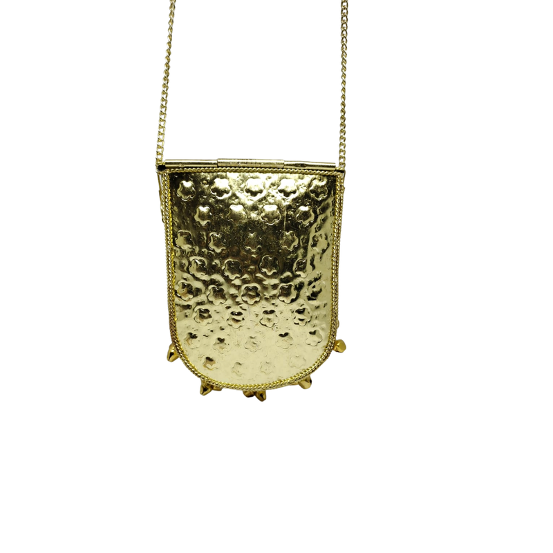 Buddy Cares Metal Gold Crossbody Bag with Chain Strap and Bell Charms, Woven Texture Sling Purse – Mobile Pouch Shape – view 6 – Buddy Cares