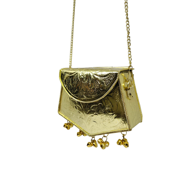 Buddy Cares Metal Gold Crossbody Bag with Chain Strap and Bell Charms, Woven Texture Sling Purse – Shield Shape – view 4 – Buddy Cares