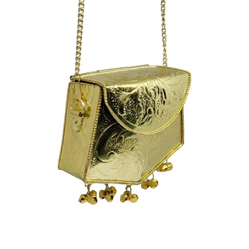 Buddy Cares Metal Gold Crossbody Bag with Chain Strap and Bell Charms, Woven Texture Sling Purse – Shield Shape – view 5 – Buddy Cares