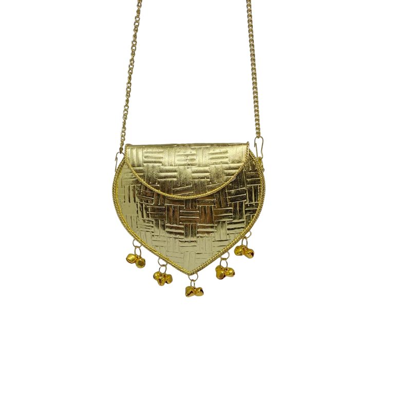 Buddy Cares Metal Gold Crossbody Bag with Chain Strap and Bell Charms, Woven Texture Sling Purse – Heart – view 6 – Buddy Cares