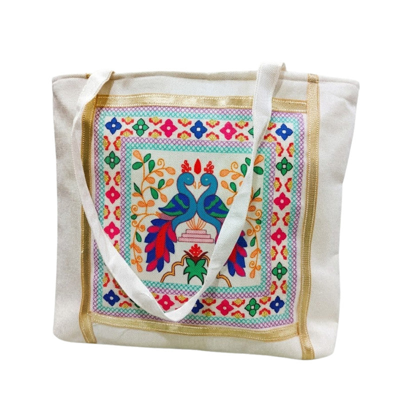 Buddy Cares Jute Tote Bag: Peacock Embroidery Print, Zipper, Cream & Gold Border – Default Title – Buddy Cares