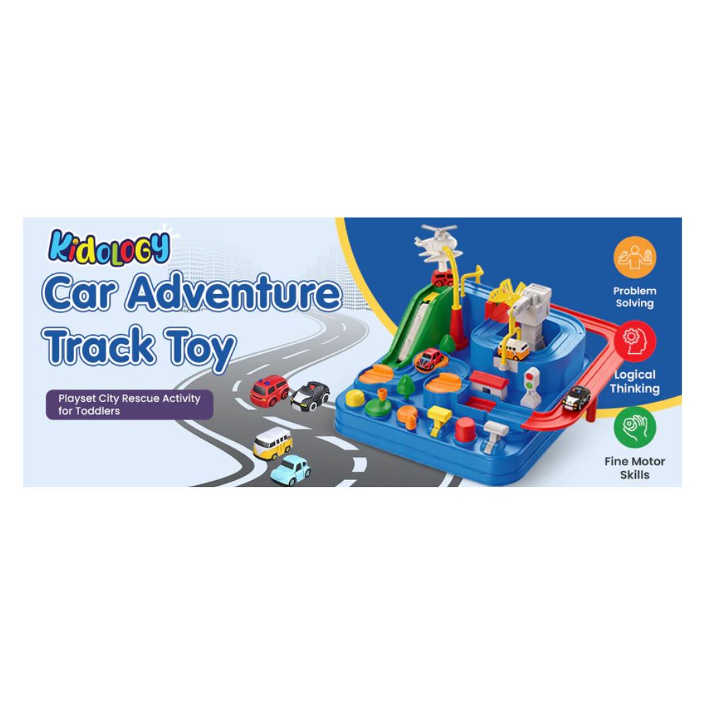 Kidology Car Race Tracks Toy | Car Adventure Toy for 0-3 Years, Boys, Girls & Kids | Playset City Rescue Activity for Toddlers | Pre Educational Learning Puzzle Gift for Babies (4 Car Included)