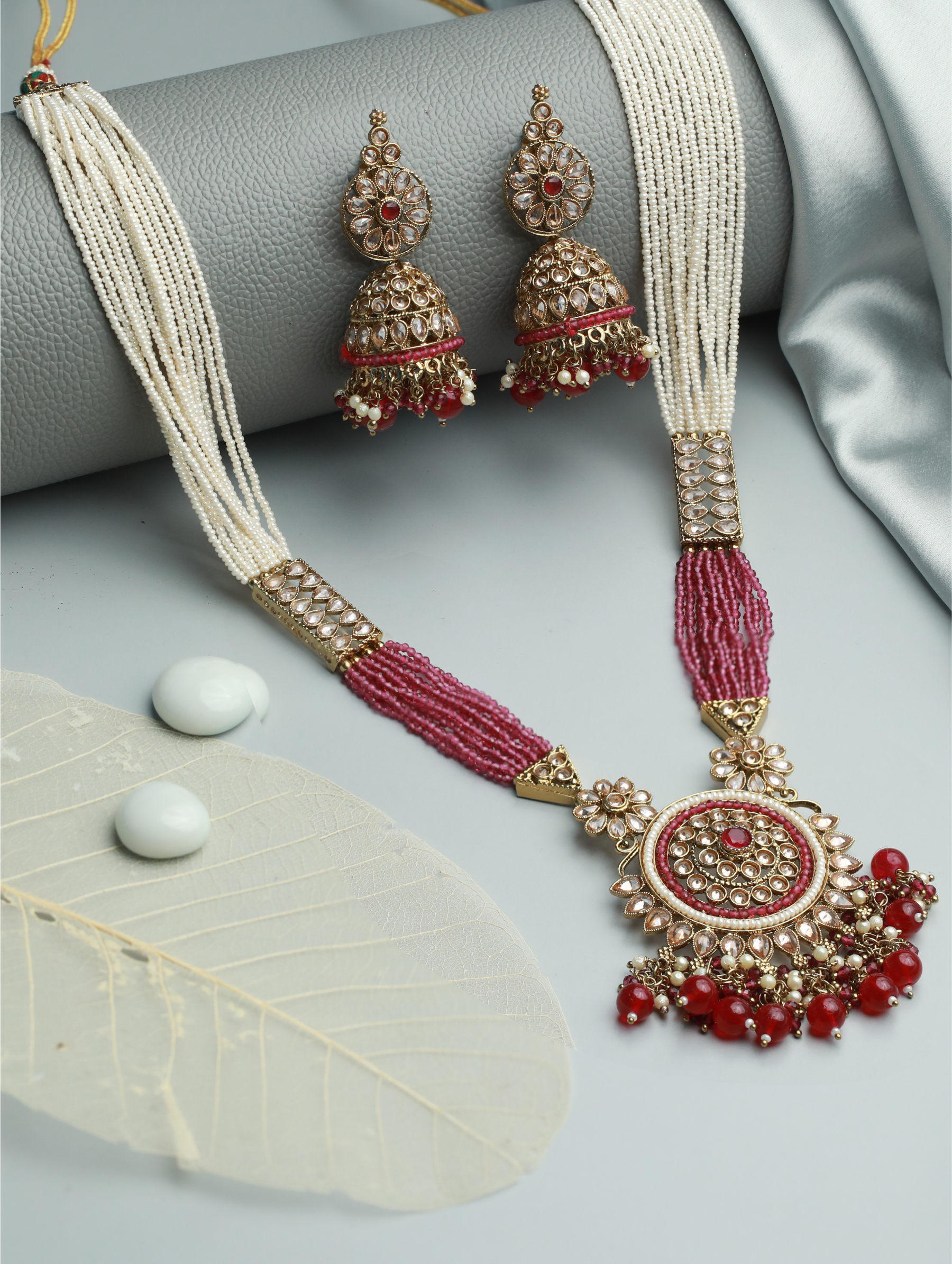 Gold Plated Putple & White Beaded Polki Rani Haar Jewellery Set