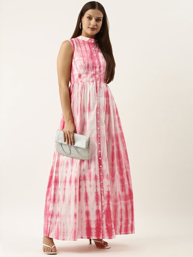 Bollywood Vogue Ready To Wear Pink Tie N Dye Gathered Flare Dress